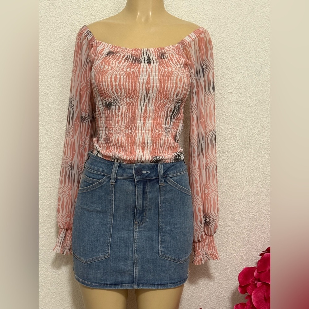 Anthropologie Pink and Black Off-Shoulder Blouse